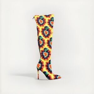 Tie Dye Thigh High Heel Boots Sz5.5 Colorful Hippie Statement Halloween Stiletto